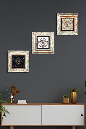 Sri Yantra, Hayat Ağacı Taş Duvar Tablosu Çerçeveli Duvar Dekoru 3 Parça Tablo Seti Wall Art