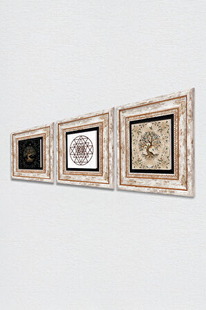 Sri Yantra, Hayat Ağacı Taş Duvar Tablosu Çerçeveli Duvar Dekoru 3 Parça Tablo Seti Wall Art