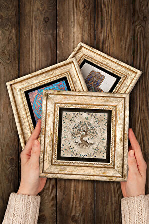 Sri Yantra, Hayat Ağacı Taş Duvar Tablosu Çerçeveli Duvar Dekoru 3 Parça Tablo Seti Wall Art