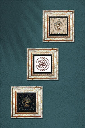 Sri Yantra, Hayat Ağacı Taş Duvar Tablosu Çerçeveli Duvar Dekoru 3 Parça Tablo Seti Wall Art