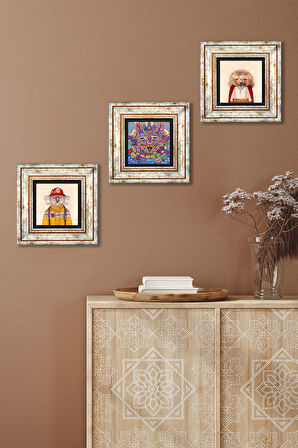 Louis Wain Kediler, Kirpi, Koala Taş Duvar Tablosu Çerçeveli Duvar Dekoru 3 Parça Tablo Seti Wall Art