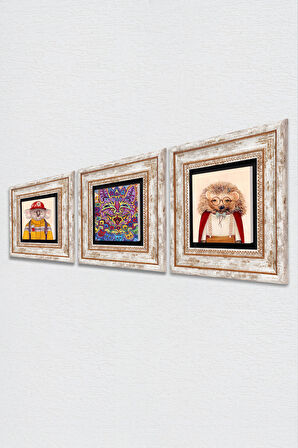 Louis Wain Kediler, Kirpi, Koala Taş Duvar Tablosu Çerçeveli Duvar Dekoru 3 Parça Tablo Seti Wall Art