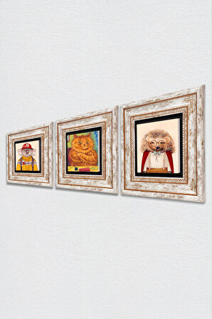 Louis Wain Kediler, Kirpi, Koala Taş Duvar Tablosu Çerçeveli Duvar Dekoru 3 Parça Tablo Seti Wall Art