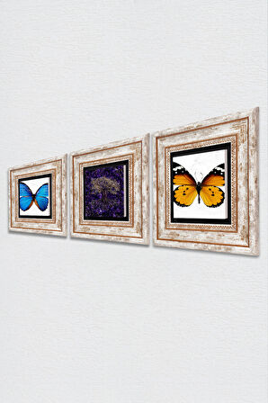 Hayat Ağacı, Kelebek Taş Duvar Tablosu Çerçeveli Duvar Dekoru 3 Parça Tablo Seti Wall Art
