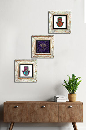 Hayat Ağacı, Fatma Ana Eli (Hamsa) Taş Duvar Tablosu Çerçeveli Duvar Dekoru 3 Parça Tablo Seti Wall Art