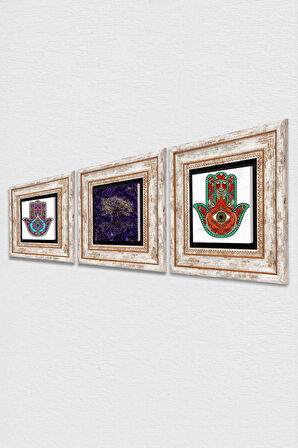 Hayat Ağacı, Fatma Ana Eli (Hamsa) Taş Duvar Tablosu Çerçeveli Duvar Dekoru 3 Parça Tablo Seti Wall Art
