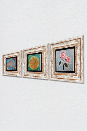 Yaşam Çiçeği, Lotus Çiçeği, Pembe Ortanca Çiçeği Taş Duvar Tablosu Çerçeveli Duvar Dekoru 3 Parça Tablo Seti Wall Art