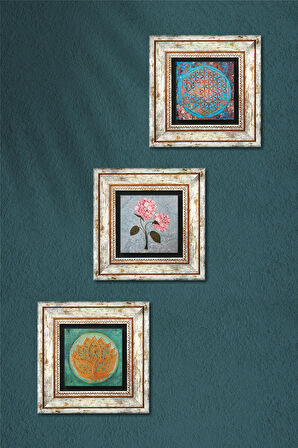 Yaşam Çiçeği, Lotus Çiçeği, Pembe Ortanca Çiçeği Taş Duvar Tablosu Çerçeveli Duvar Dekoru 3 Parça Tablo Seti Wall Art