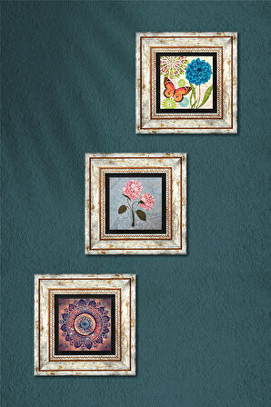 Mandala, Kelebek, Pembe Ortanca Çiçeği Taş Duvar Tablosu Çerçeveli Duvar Dekoru 3 Parça Tablo Seti Wall Art