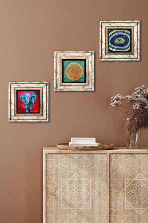 Fil, Nazar, Lotus Çiçeği Taş Duvar Tablosu Çerçeveli Duvar Dekoru 3 Parça Tablo Seti Wall Art