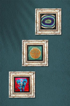 Fil, Nazar, Lotus Çiçeği Taş Duvar Tablosu Çerçeveli Duvar Dekoru 3 Parça Tablo Seti Wall Art