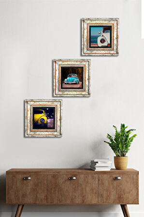 Vosvos Araba Taş Duvar Tablosu Çerçeveli Duvar Dekoru 3 Parça Tablo Seti Wall Art