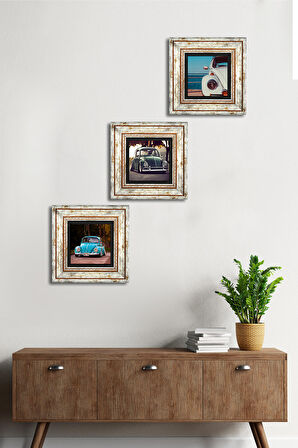 Vosvos Araba Taş Duvar Tablosu Çerçeveli Duvar Dekoru 3 Parça Tablo Seti Wall Art