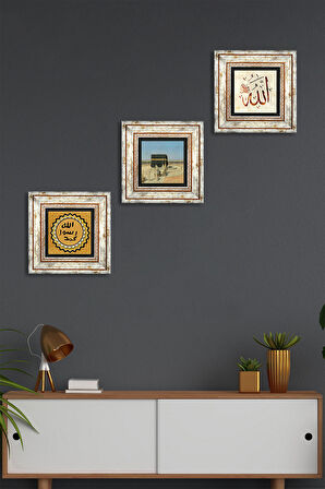 Kabe-i Muazzama, Allah Lafzı, Mührü Şerif Taş Duvar Tablosu Çerçeveli Duvar Dekoru 3 Parça Tablo Seti Wall Art