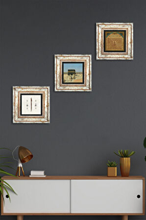 Kabe-i Muazzama, Elif, Esma'ül Hüsna Taş Duvar Tablosu Çerçeveli Duvar Dekoru 3 Parça Tablo Seti Wall Art