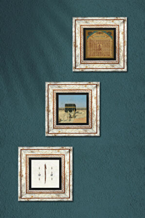 Kabe-i Muazzama, Elif, Esma'ül Hüsna Taş Duvar Tablosu Çerçeveli Duvar Dekoru 3 Parça Tablo Seti Wall Art