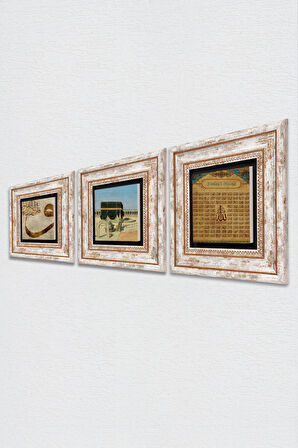 Kabe-i Muazzama, Vav, Esma'ül Hüsna Taş Duvar Tablosu Çerçeveli Duvar Dekoru 3 Parça Tablo Seti Wall Art