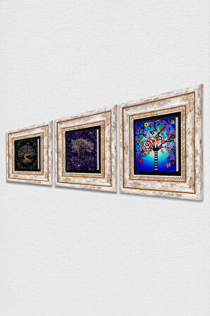 Hayat Ağacı Taş Duvar Tablosu Çerçeveli Duvar Dekoru 3 Parça Tablo Seti Wall Art