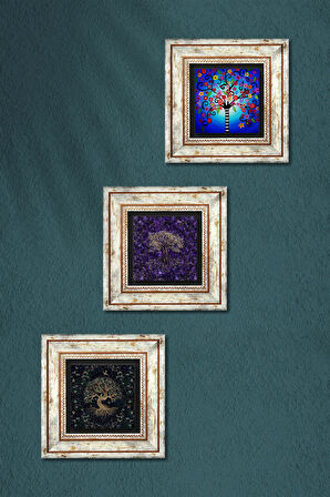 Hayat Ağacı Taş Duvar Tablosu Çerçeveli Duvar Dekoru 3 Parça Tablo Seti Wall Art