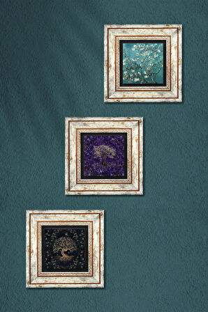Hayat Ağacı, Van Gogh Badem Ağacı Taş Duvar Tablosu Çerçeveli Duvar Dekoru 3 Parça Tablo Seti Wall Art