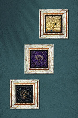 Hayat Ağacı Taş Duvar Tablosu Çerçeveli Duvar Dekoru 3 Parça Tablo Seti Wall Art