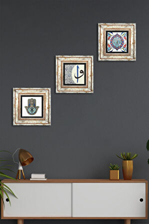 Çini Sanatı, Elif-Vav, Fatma Ana Eli (Hamsa) Taş Duvar Tablosu Çerçeveli Duvar Dekoru 3 Parça Tablo Seti Wall Art