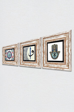 Çini Sanatı, Elif-Vav, Fatma Ana Eli (Hamsa) Taş Duvar Tablosu Çerçeveli Duvar Dekoru 3 Parça Tablo Seti Wall Art