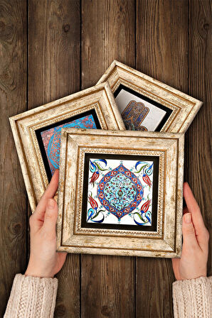 Çini Sanatı, Elif-Vav, Fatma Ana Eli (Hamsa) Taş Duvar Tablosu Çerçeveli Duvar Dekoru 3 Parça Tablo Seti Wall Art