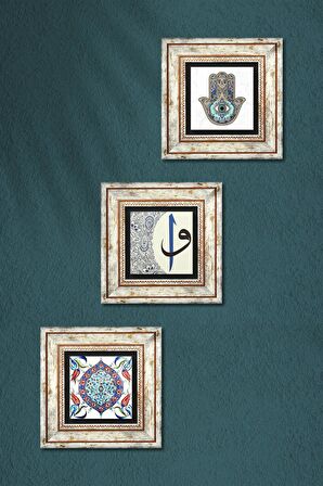 Çini Sanatı, Elif-Vav, Fatma Ana Eli (Hamsa) Taş Duvar Tablosu Çerçeveli Duvar Dekoru 3 Parça Tablo Seti Wall Art