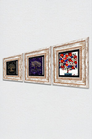 Hayat Ağacı, Nar Ağacı Taş Duvar Tablosu Çerçeveli Duvar Dekoru 3 Parça Tablo Seti Wall Art