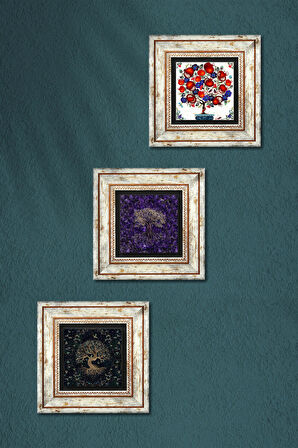 Hayat Ağacı, Nar Ağacı Taş Duvar Tablosu Çerçeveli Duvar Dekoru 3 Parça Tablo Seti Wall Art