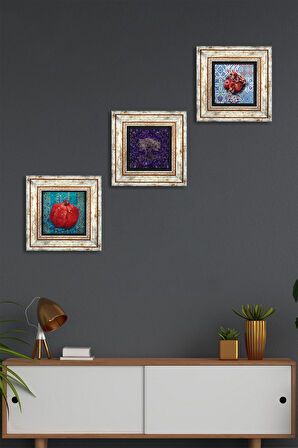 Hayat Ağacı, Nar Taş Duvar Tablosu Çerçeveli Duvar Dekoru 3 Parça Tablo Seti Wall Art