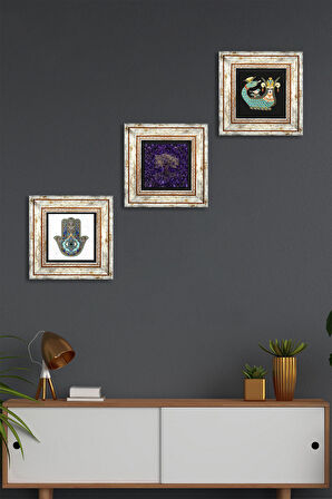 Hayat Ağacı, Şahmeran, Fatma Ana Eli (Hamsa) Taş Duvar Tablosu Çerçeveli Duvar Dekoru 3 Parça Tablo Seti Wall Art