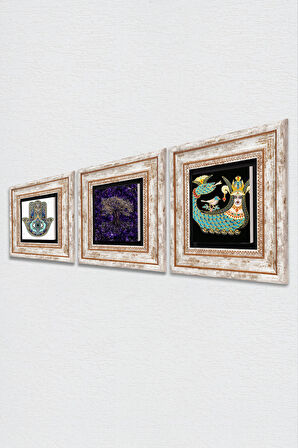 Hayat Ağacı, Şahmeran, Fatma Ana Eli (Hamsa) Taş Duvar Tablosu Çerçeveli Duvar Dekoru 3 Parça Tablo Seti Wall Art