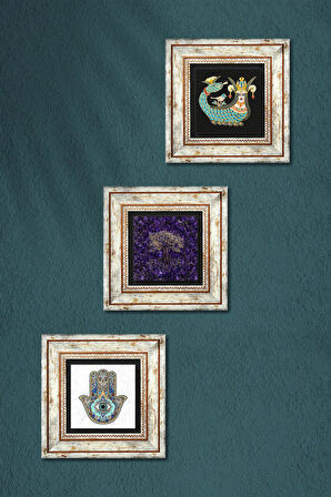 Hayat Ağacı, Şahmeran, Fatma Ana Eli (Hamsa) Taş Duvar Tablosu Çerçeveli Duvar Dekoru 3 Parça Tablo Seti Wall Art