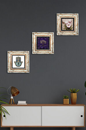 Hayat Ağacı, Kelebekli Çiçek, Fatma Ana Eli (Hamsa) Taş Duvar Tablosu Çerçeveli Duvar Dekoru 3 Parça Tablo Seti Wall Art