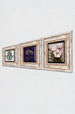 Hayat Ağacı, Kelebekli Çiçek, Fatma Ana Eli (Hamsa) Taş Duvar Tablosu Çerçeveli Duvar Dekoru 3 Parça Tablo Seti Wall Art