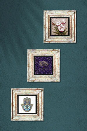 Hayat Ağacı, Kelebekli Çiçek, Fatma Ana Eli (Hamsa) Taş Duvar Tablosu Çerçeveli Duvar Dekoru 3 Parça Tablo Seti Wall Art