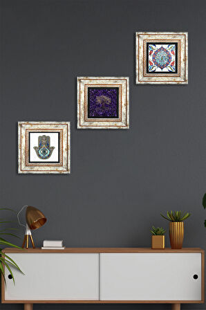 Hayat Ağacı, Çini Sanatı, Fatma Ana Eli (Hamsa) Taş Duvar Tablosu Çerçeveli Duvar Dekoru 3 Parça Tablo Seti Wall Art