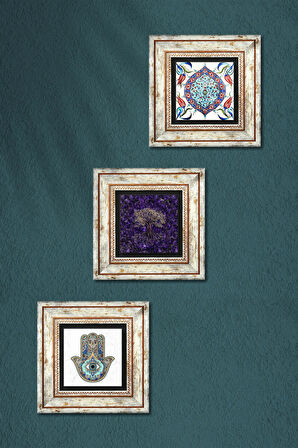Hayat Ağacı, Çini Sanatı, Fatma Ana Eli (Hamsa) Taş Duvar Tablosu Çerçeveli Duvar Dekoru 3 Parça Tablo Seti Wall Art
