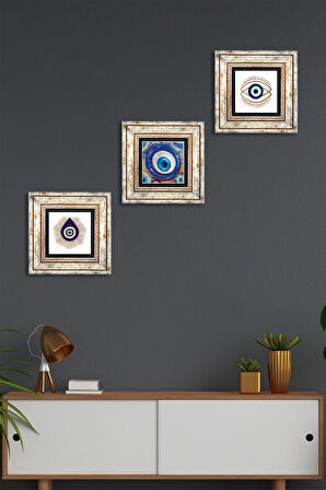 Nazar Taş Duvar Tablosu Çerçeveli Duvar Dekoru 3 Parça Tablo Seti Wall Art