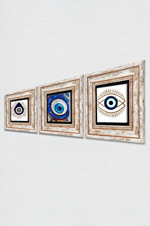 Nazar Taş Duvar Tablosu Çerçeveli Duvar Dekoru 3 Parça Tablo Seti Wall Art