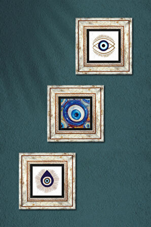 Nazar Taş Duvar Tablosu Çerçeveli Duvar Dekoru 3 Parça Tablo Seti Wall Art