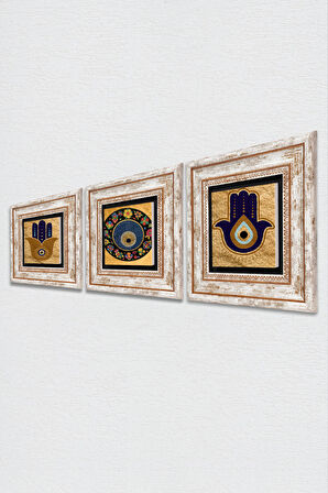 Fatma Ana Eli (Hamsa), Nazar Taş Duvar Tablosu Çerçeveli Duvar Dekoru 3 Parça Tablo Seti Wall Art