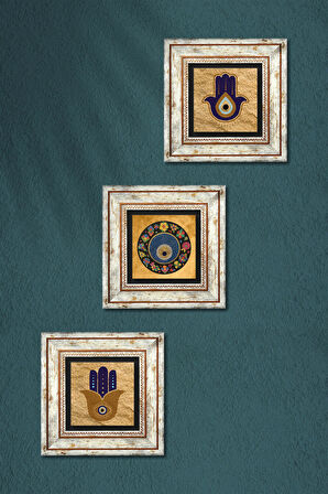 Fatma Ana Eli (Hamsa), Nazar Taş Duvar Tablosu Çerçeveli Duvar Dekoru 3 Parça Tablo Seti Wall Art