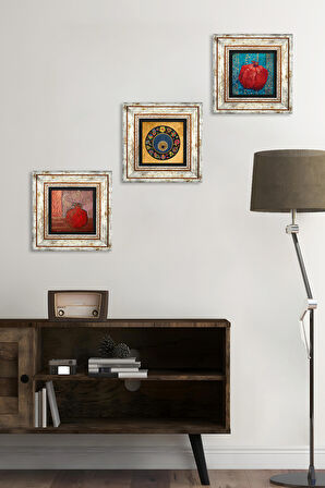 Nazar Boncuğu, Nar Taş Duvar Tablosu Çerçeveli Duvar Dekoru 3 Parça Tablo Seti Wall Art