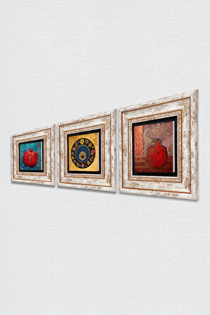 Nazar Boncuğu, Nar Taş Duvar Tablosu Çerçeveli Duvar Dekoru 3 Parça Tablo Seti Wall Art