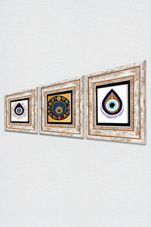 Nazar Taş Duvar Tablosu Çerçeveli Duvar Dekoru 3 Parça Tablo Seti Wall Art