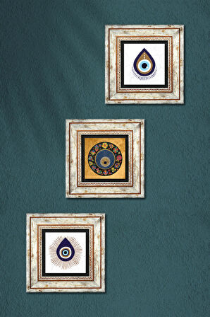 Nazar Taş Duvar Tablosu Çerçeveli Duvar Dekoru 3 Parça Tablo Seti Wall Art