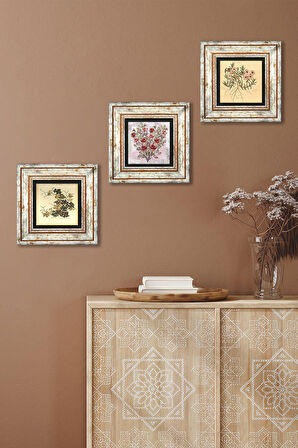 Gül Çiçek, Vintage Çiçek Taş Duvar Tablosu Çerçeveli Duvar Dekoru 3 Parça Tablo Seti Wall Art